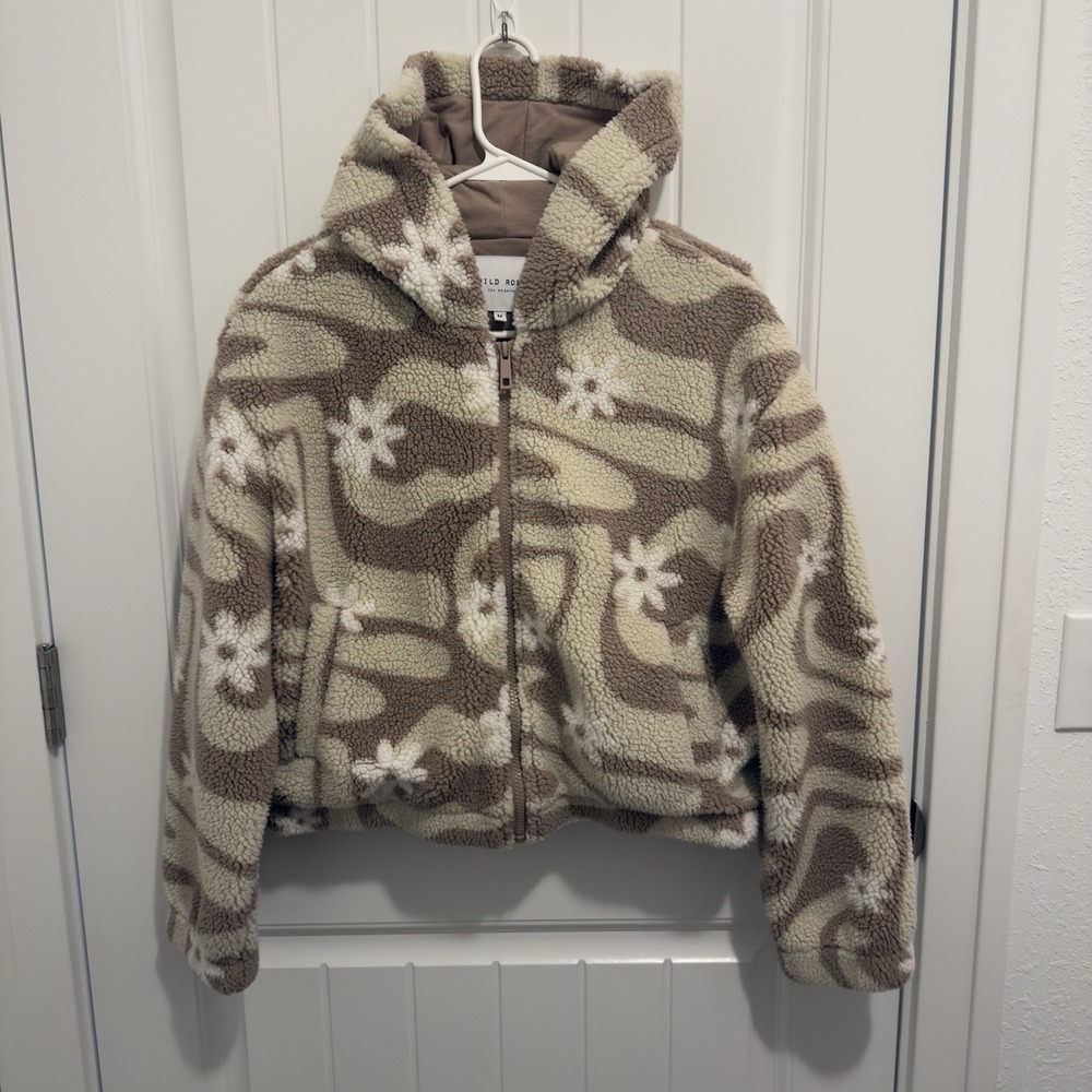 Wild Rose Women's Full Zip Hooded Sherpa Coat Flower Design Size Medium‎
